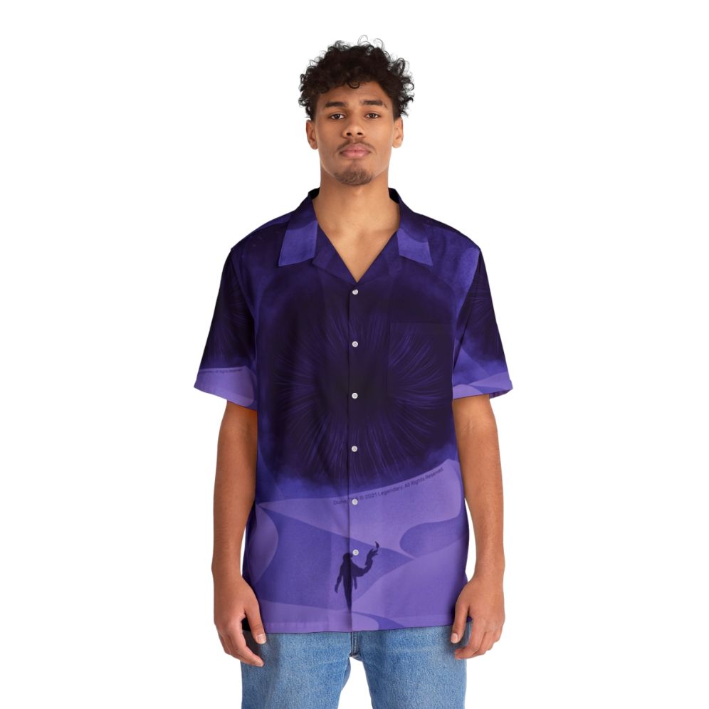 Dune inspired Hawaiian shirt featuring the great shai hulud and purple moons - People Front