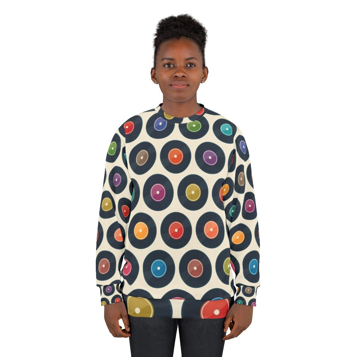 Vintage-style sweatshirt featuring a collection of classic vinyl records - women