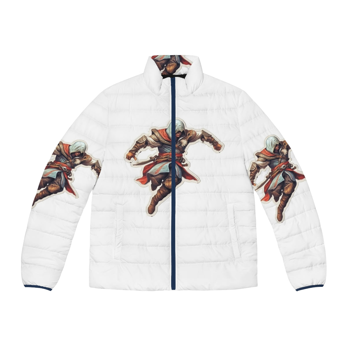 Assassins Creed inspired puffer jacket with sticker artwork