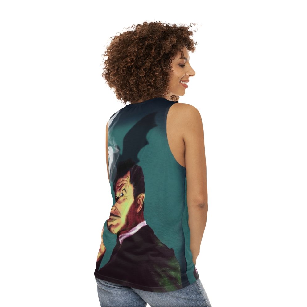 Unisex tank top featuring retro image of actor Vincent Price - women back