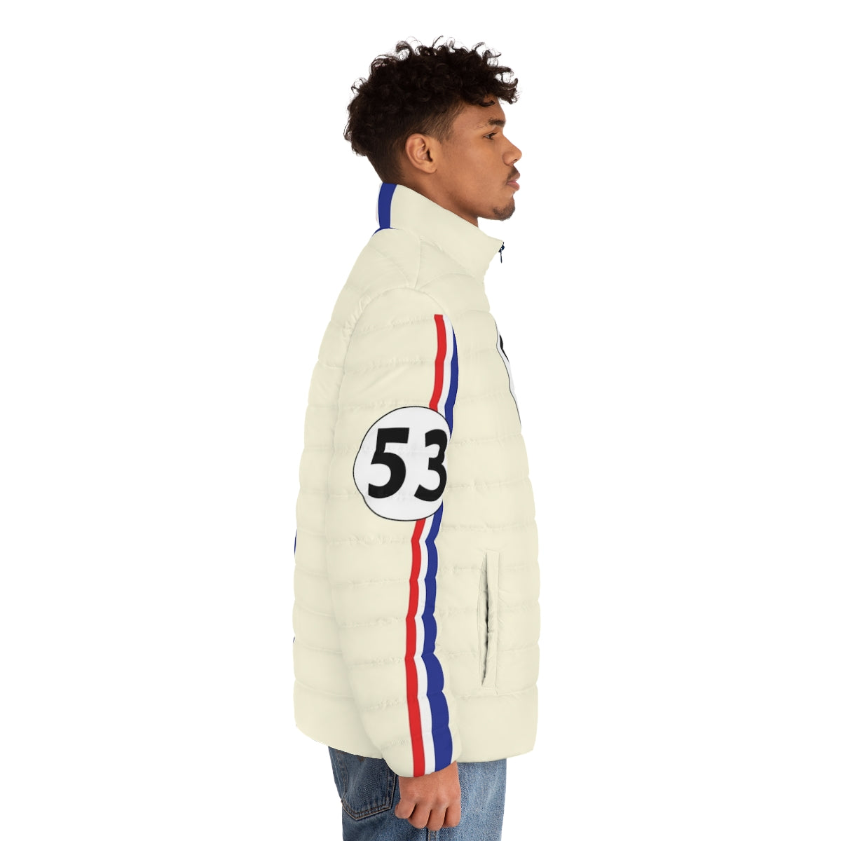 Herbie Number 53 Puffer Jacket with classic racing stripes and number design - men side right