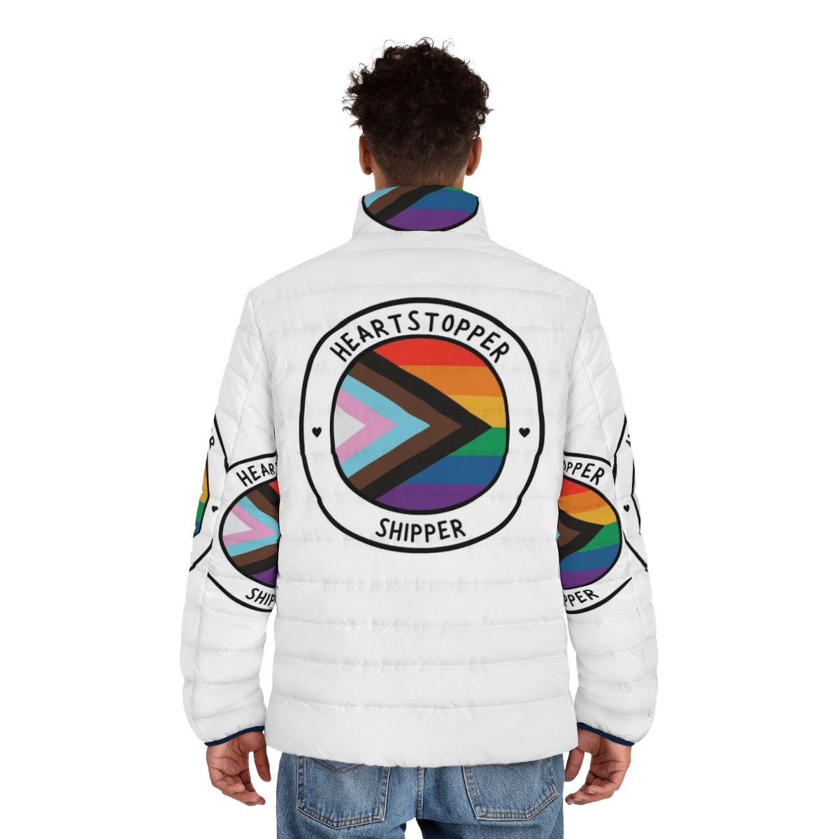 Heartstopper LGBTQ+ Pride Puffer Jacket with Vibrant Flag Design - men back