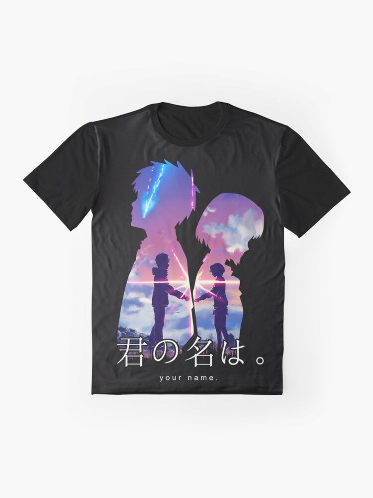 "Your Name" anime-inspired graphic t-shirt with Japanese characters and icons - Flat lay