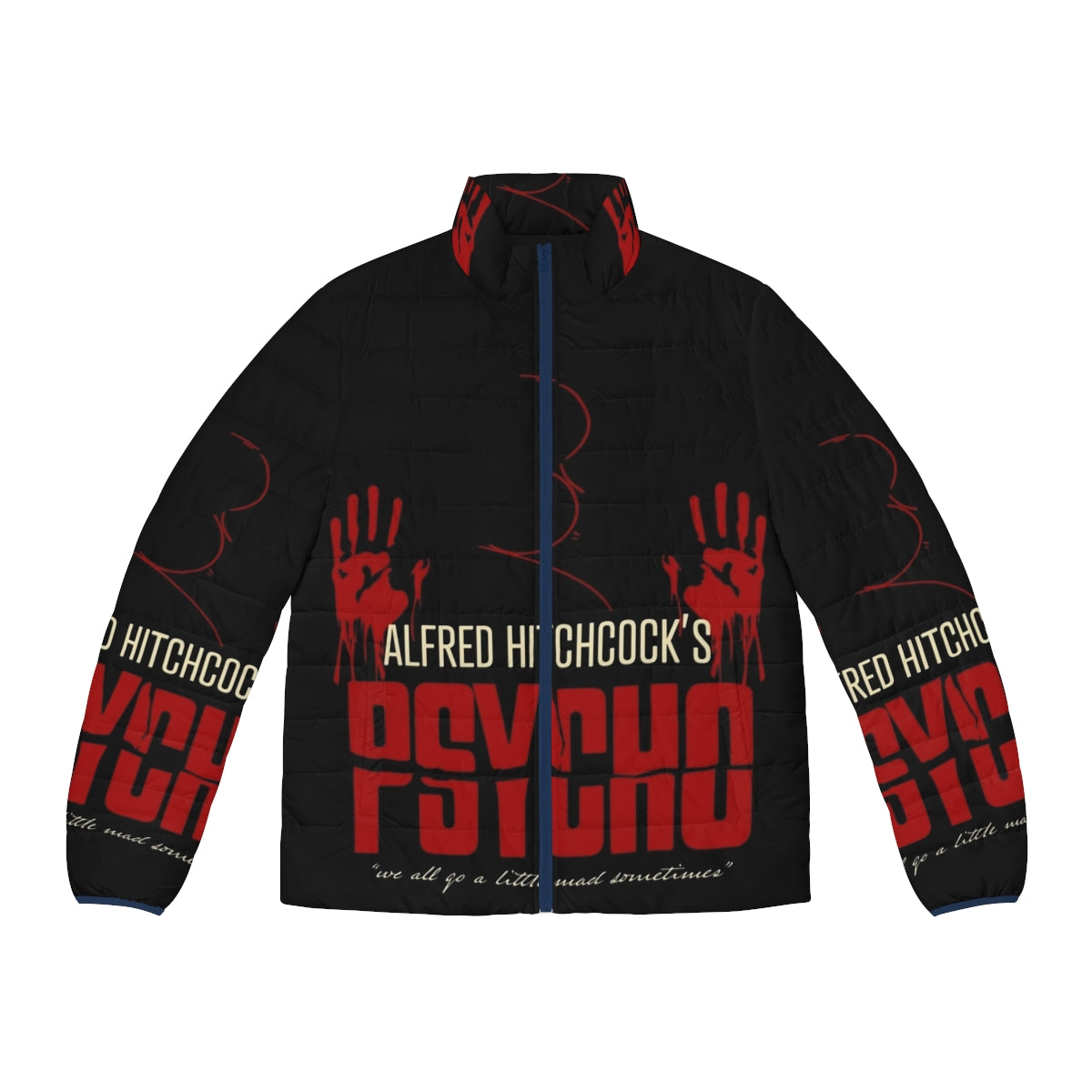 Alfred Hitchcock Psycho Puffer Jacket with birds and red and black color scheme