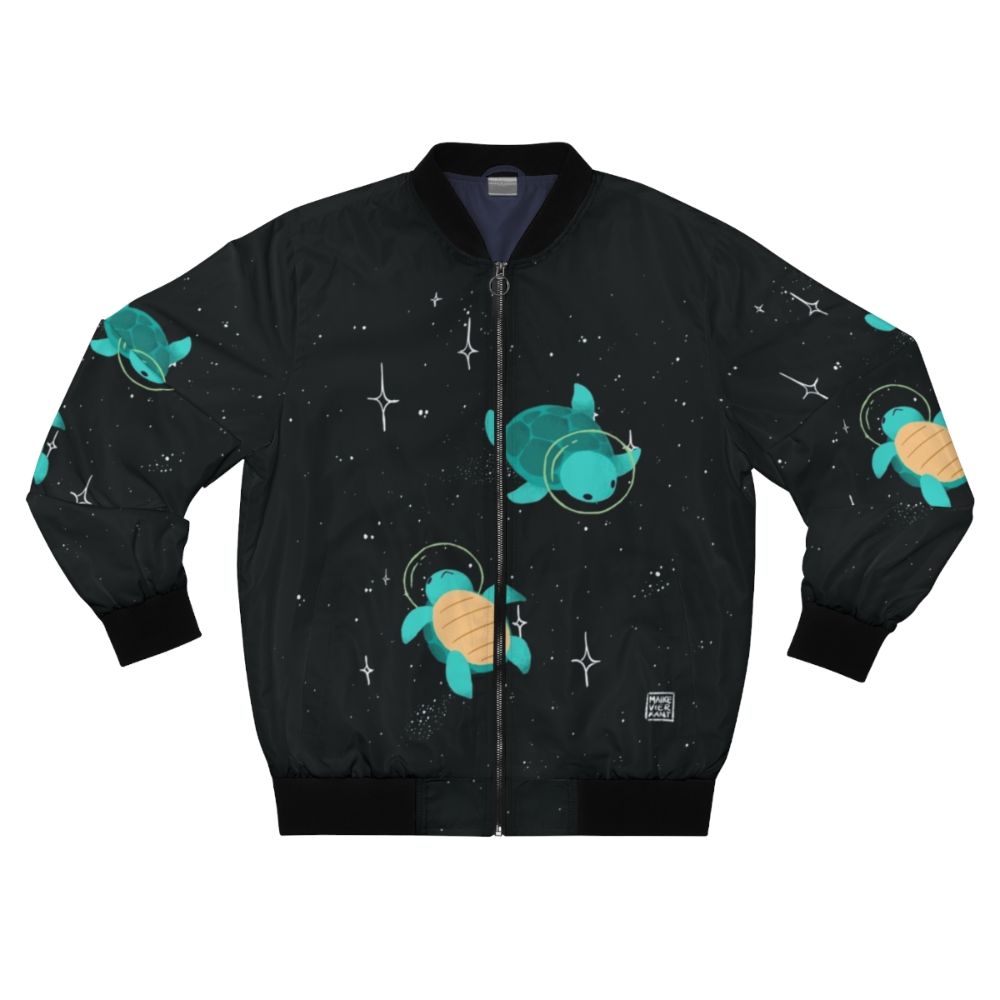 Space turtle bomber jacket with a cute, green turtle design against a starry, galaxy background.