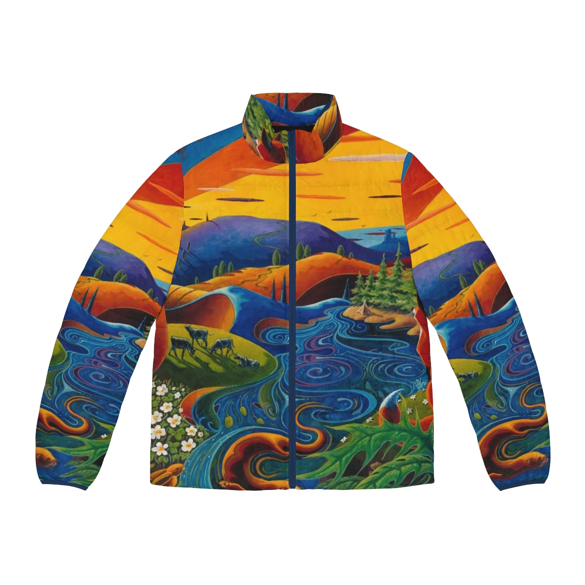 Colorful puffer jacket featuring a Scottish landscape with wildlife and nature