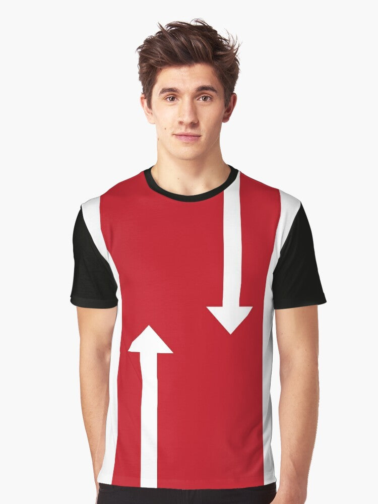 Stylish 60s mod-inspired t-shirt featuring Mondrian-style graphic arrows design in black and white. - Men