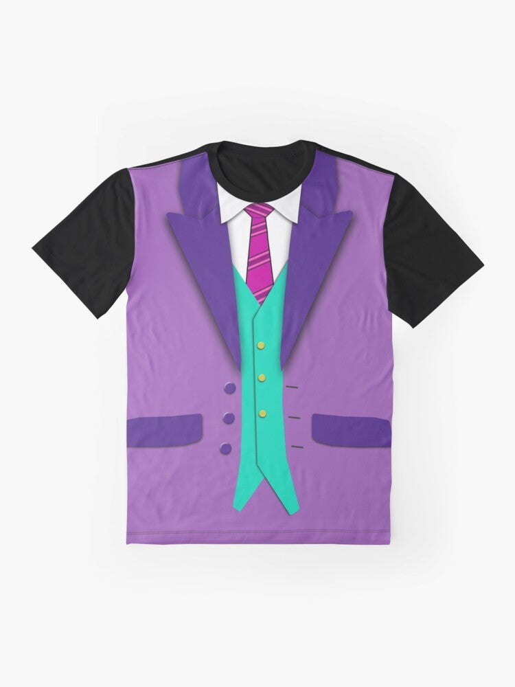 Graphic t-shirt featuring a colorful suit, tie, and vest design - Flat lay