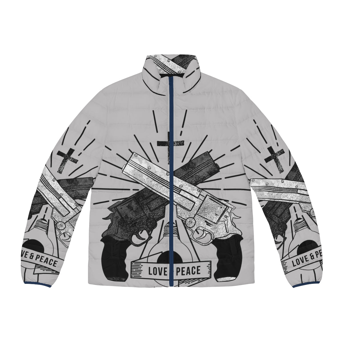 Trigun anime-inspired puffer jacket with "Love and Peace" design