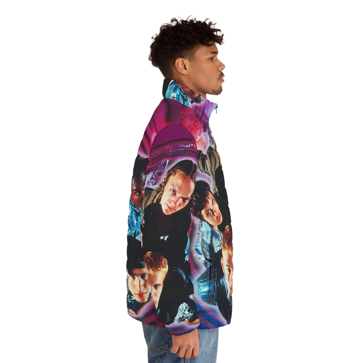 Hacker inspired puffer jacket, featuring a 90s cult classic movie design - men side right