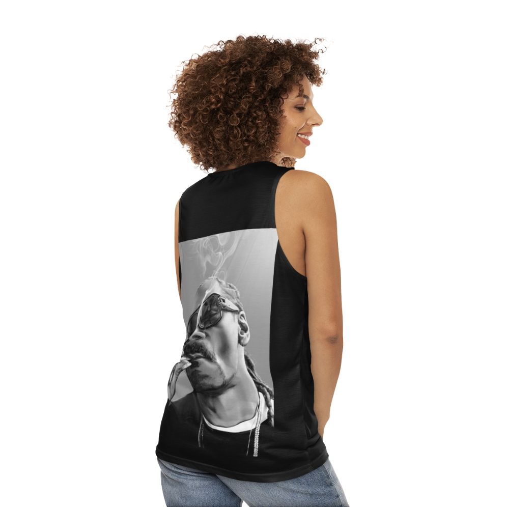 Snoop Dogg inspired unisex tank top with cannabis graphic design - women back