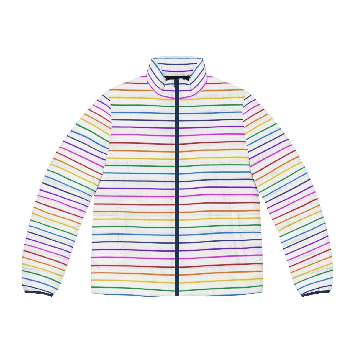 Colorful horizontal rainbow striped puffer jacket