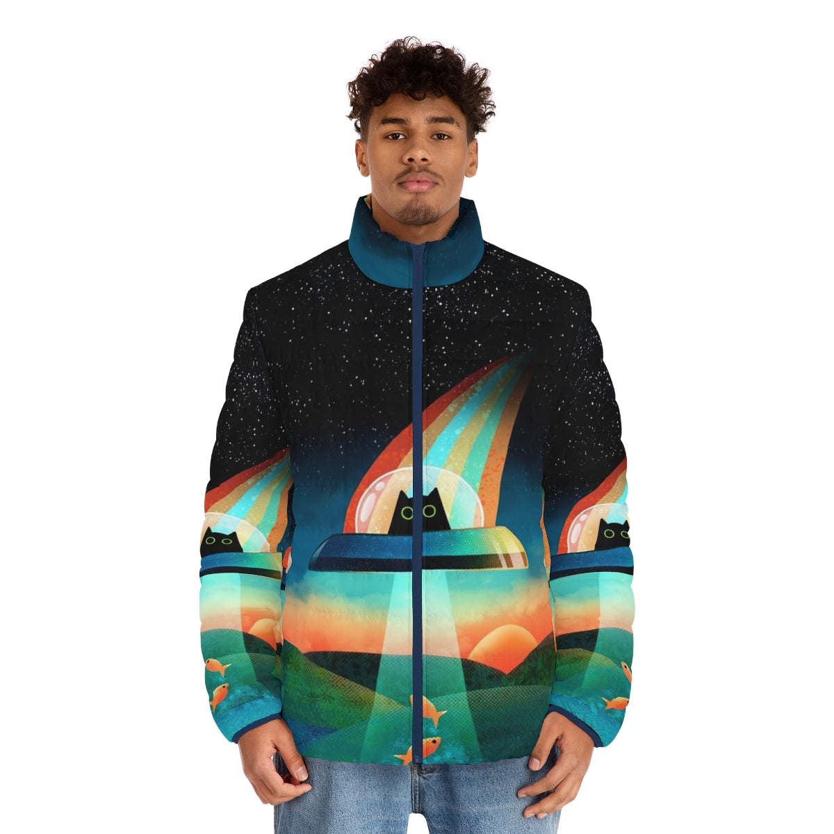 Colorful and vibrant puffer jacket featuring an alien cat design in a space-themed galaxy setting - men front