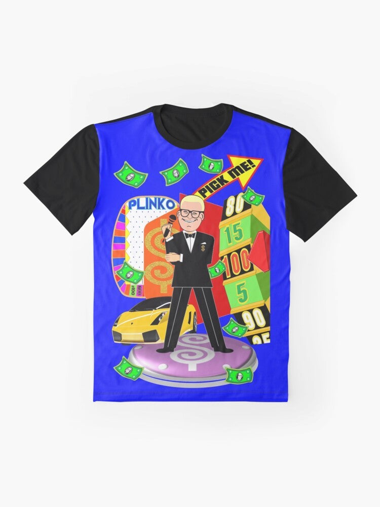 "The Price Is Right" game show graphic t-shirt featuring classic elements like the big wheel, showcases, and contestant row - Flat lay