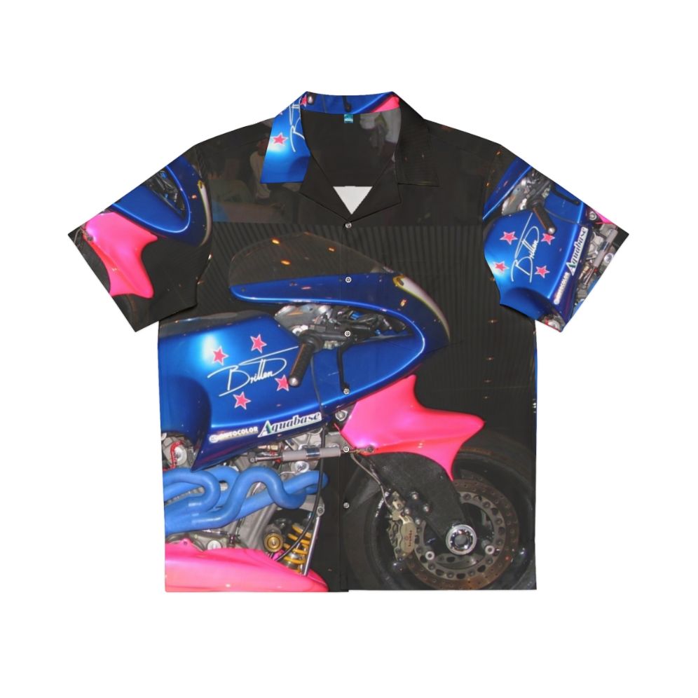 Britten Motorcycle Hawaiian Shirt featuring design of race bike from New Zealand