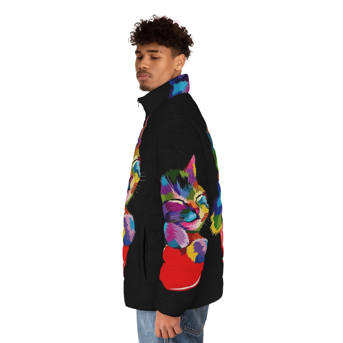 Colorful cat puffer jacket with a heart design - men side left