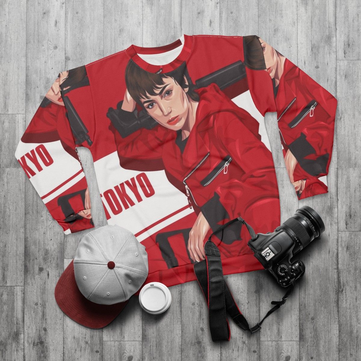 Tokyo character from Money Heist TV show graphic design on a sweatshirt - flat lay