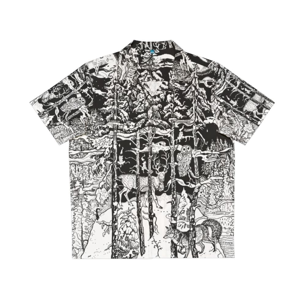 Winter forest Hawaiian shirt with deer, foxes, and snowy trees