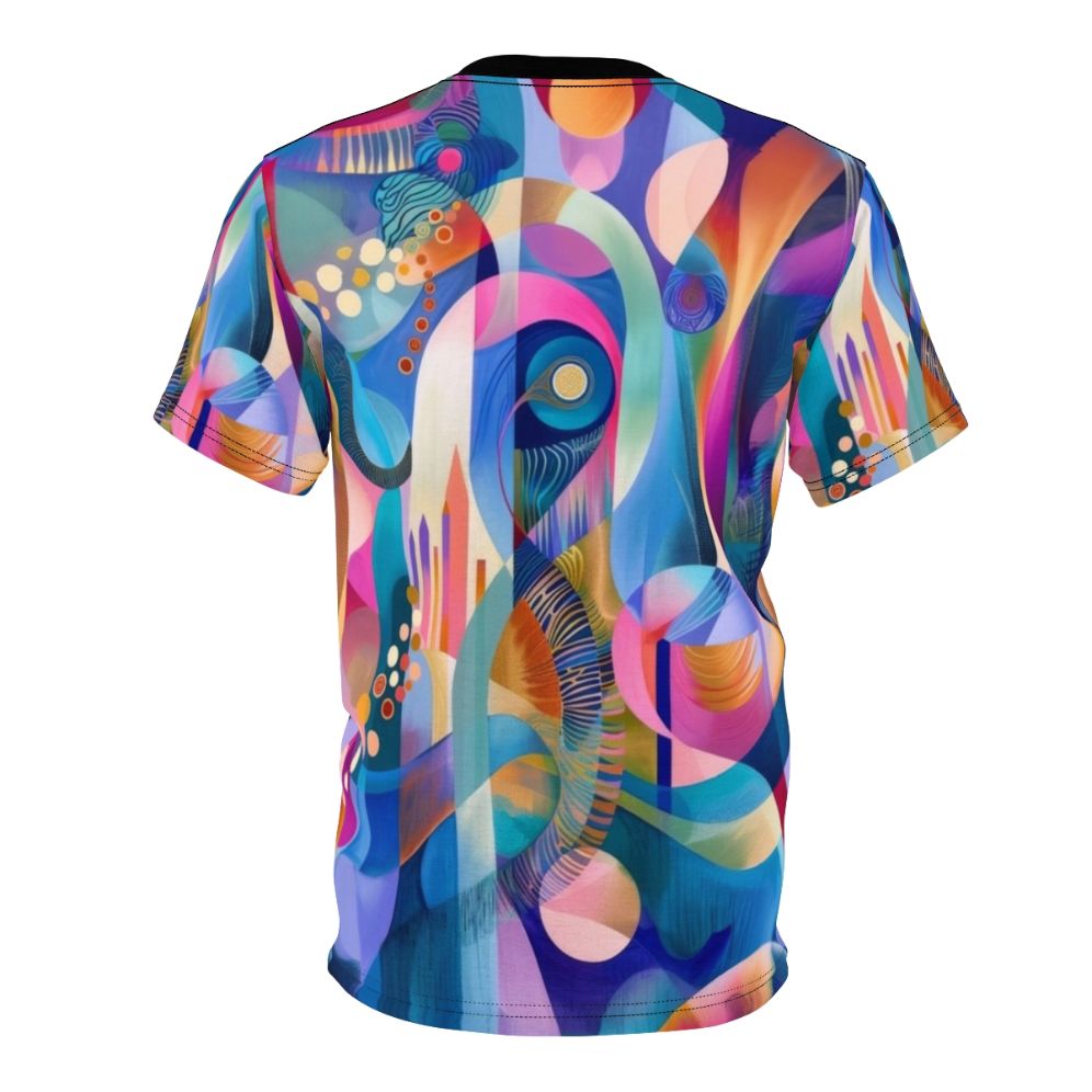 Vibrant abstract geometric design t-shirt with bold, colourful patterns inspired by modern art - Back