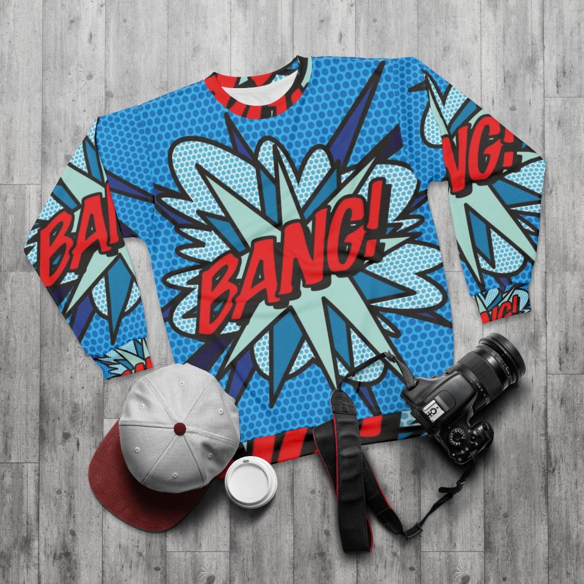 Bang comic book pop art graphic modern sweatshirt - flat lay