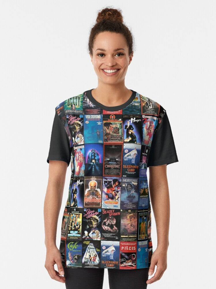 Retro horror movie VHS artwork from the 1980s printed on a graphic t-shirt - Women