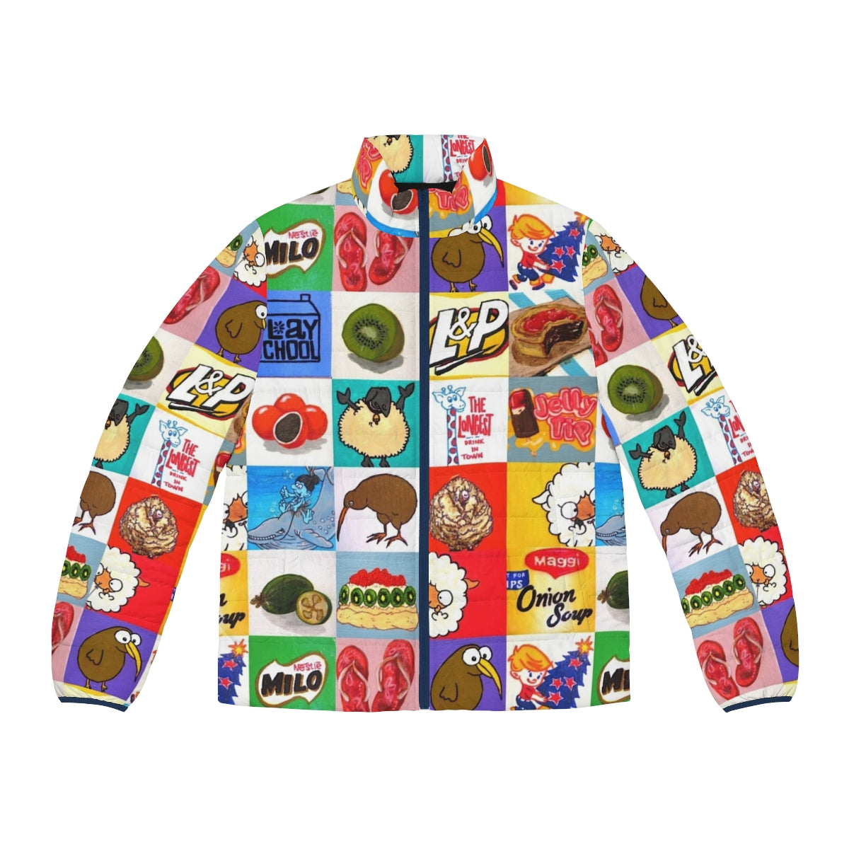 Kiwiana Puffer Jacket featuring a collage of New Zealand food and drink icons