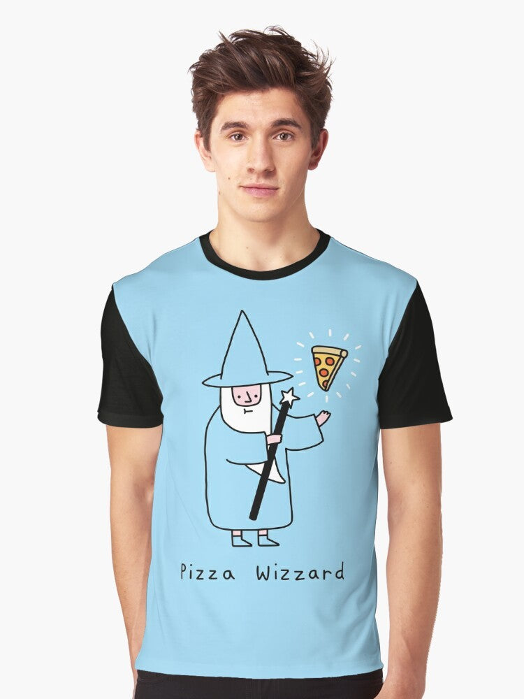 Pizza Wizard Graphic T-Shirt featuring a whimsical design of a wizard with pizza elements - Men