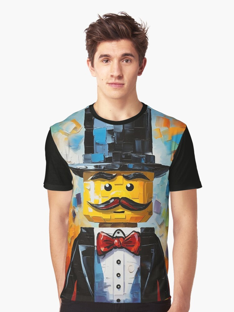 A colorful and funky graphic t-shirt featuring a lego tycoon or brick magnate character. - Men