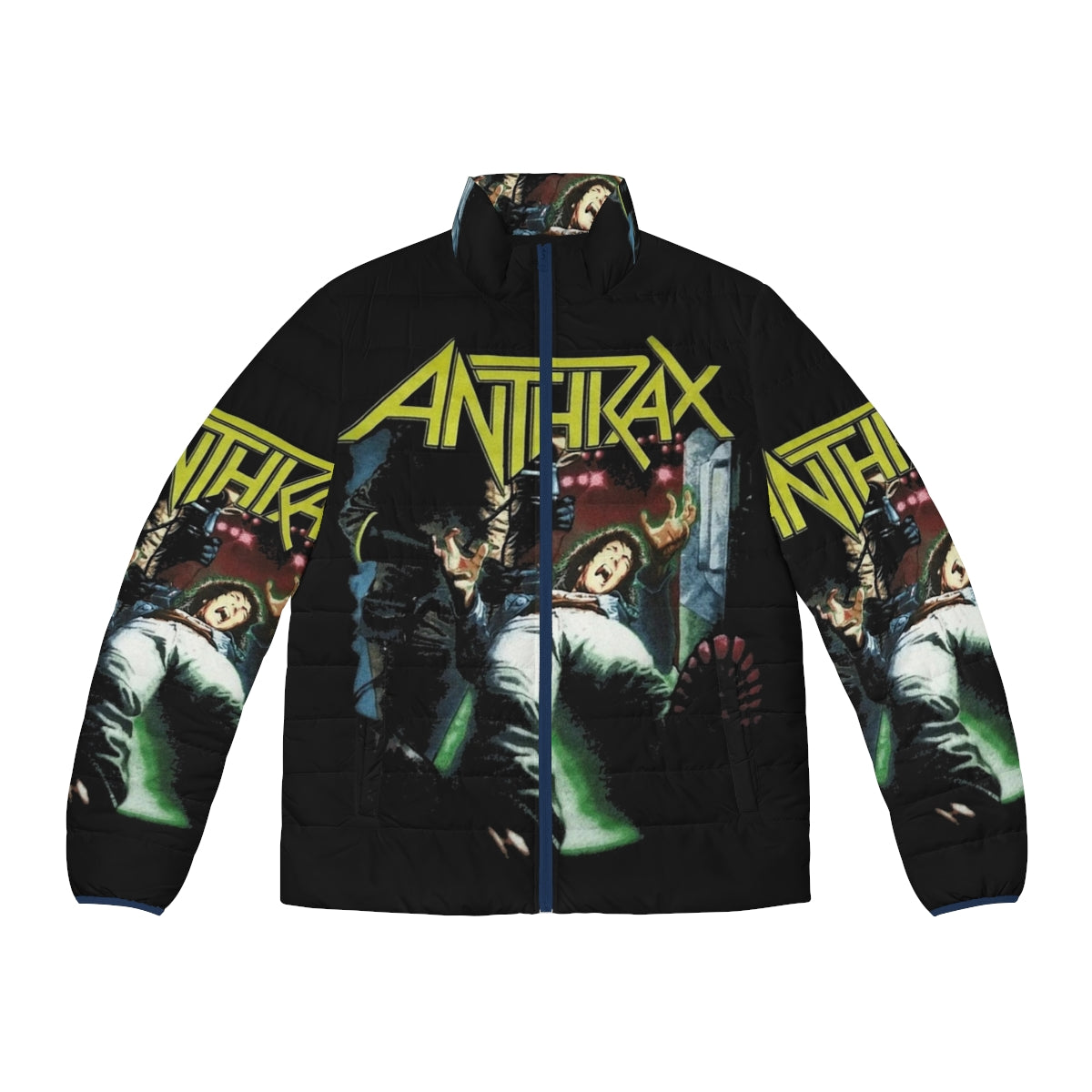 Anthrax Band Puffer Jacket featuring the iconic Anthrax logo and band members