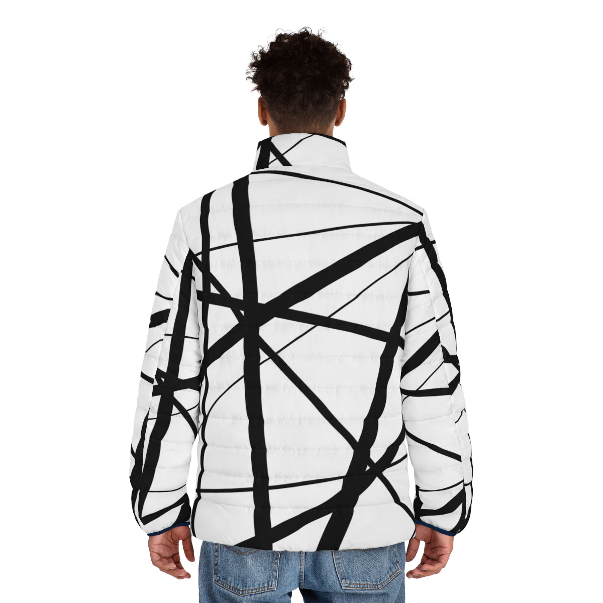 Geometric black and white puffer jacket with abstract line art design - men back