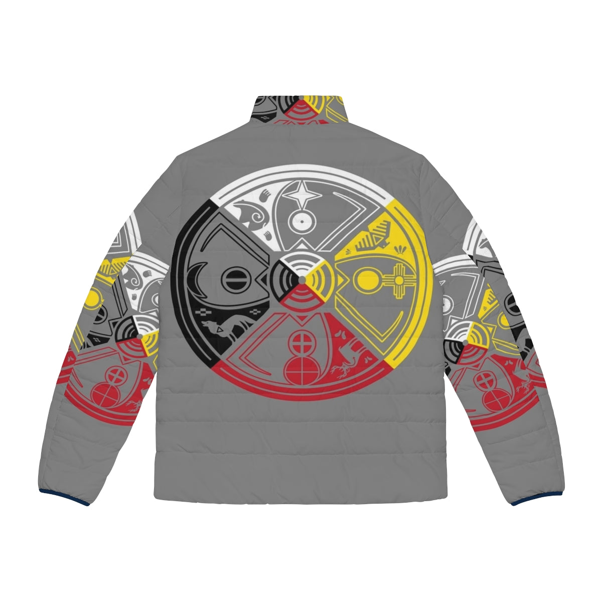 Sacred Hoop Medicine Wheel Puffer Jacket featuring Native American symbols and spiritual imagery - Back