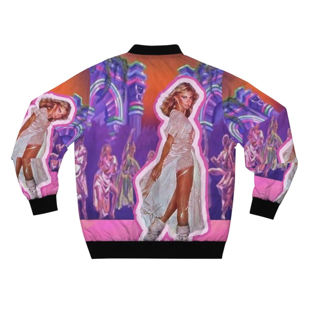 Vibrant bomber jacket featuring a retro Xanadu-inspired design with roller skating muses - Back