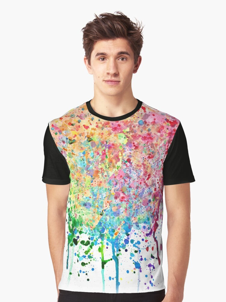 Colorful rainbow paint splatter and drip graphic design on a t-shirt - Men