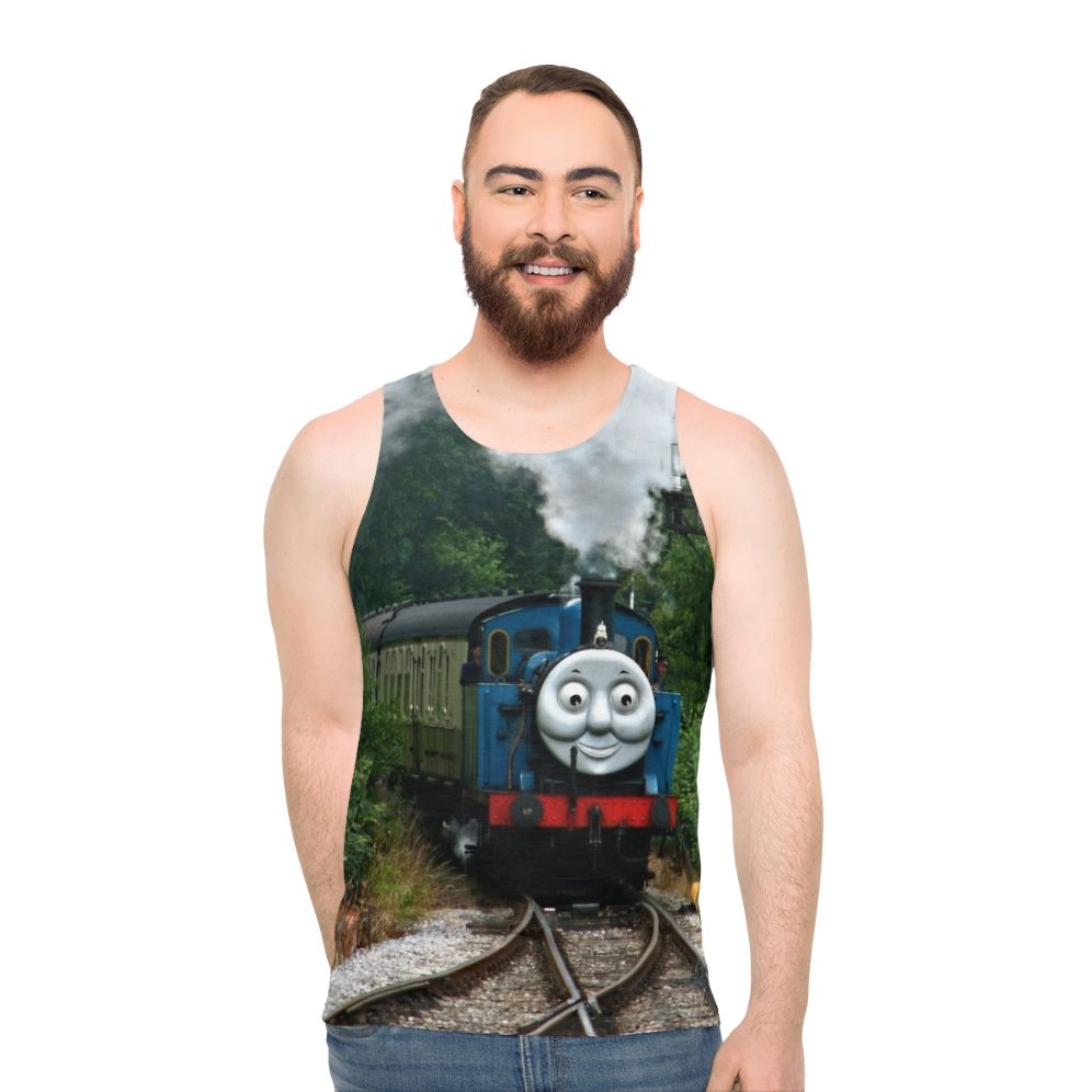 Unisex tank top with vintage steam locomotive design - men