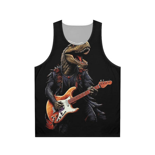 Dinosaur playing guitar on a unisex tank top