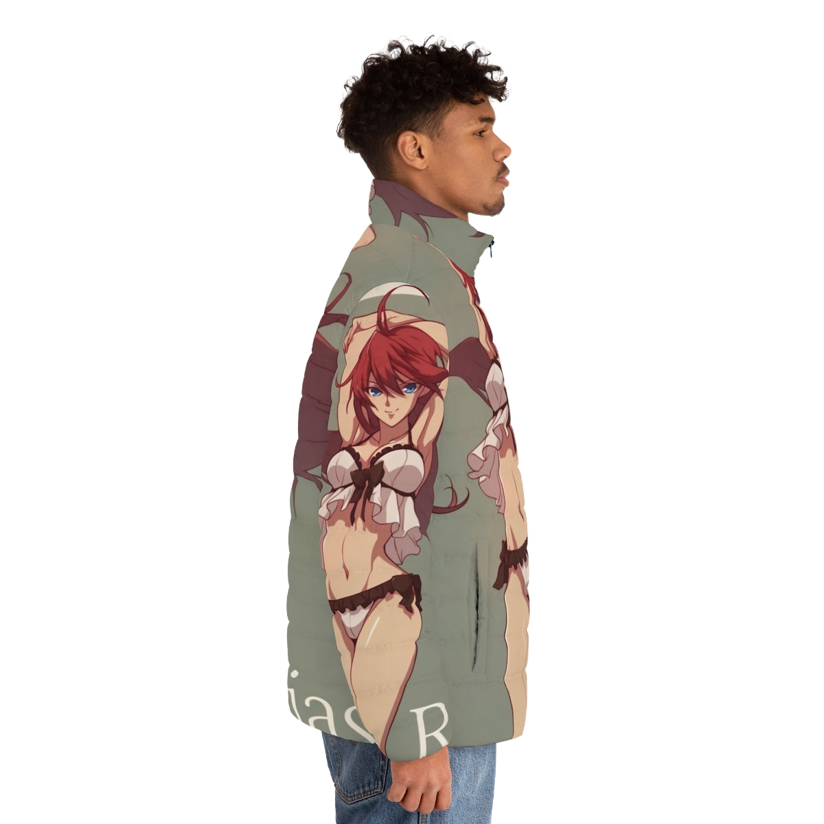 A vintage-inspired puffer jacket featuring Rias Gremory, the stunning redhead from the anime Highschool DxD. - men side right