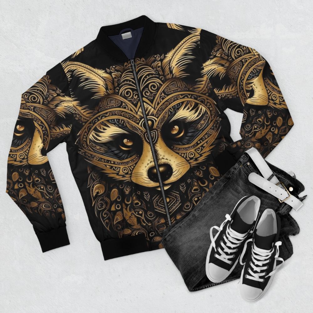 Enchanting bomber jacket with a digital illustration of a golden raccoon surrounded by a mandala pattern, representing nature, mysticism, and spiritual interconnectedness. - Flat lay