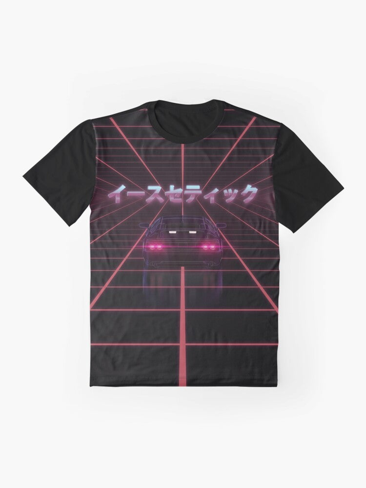 Vaporwave retro graphic t-shirt with futuristic and vintage design elements - Flat lay