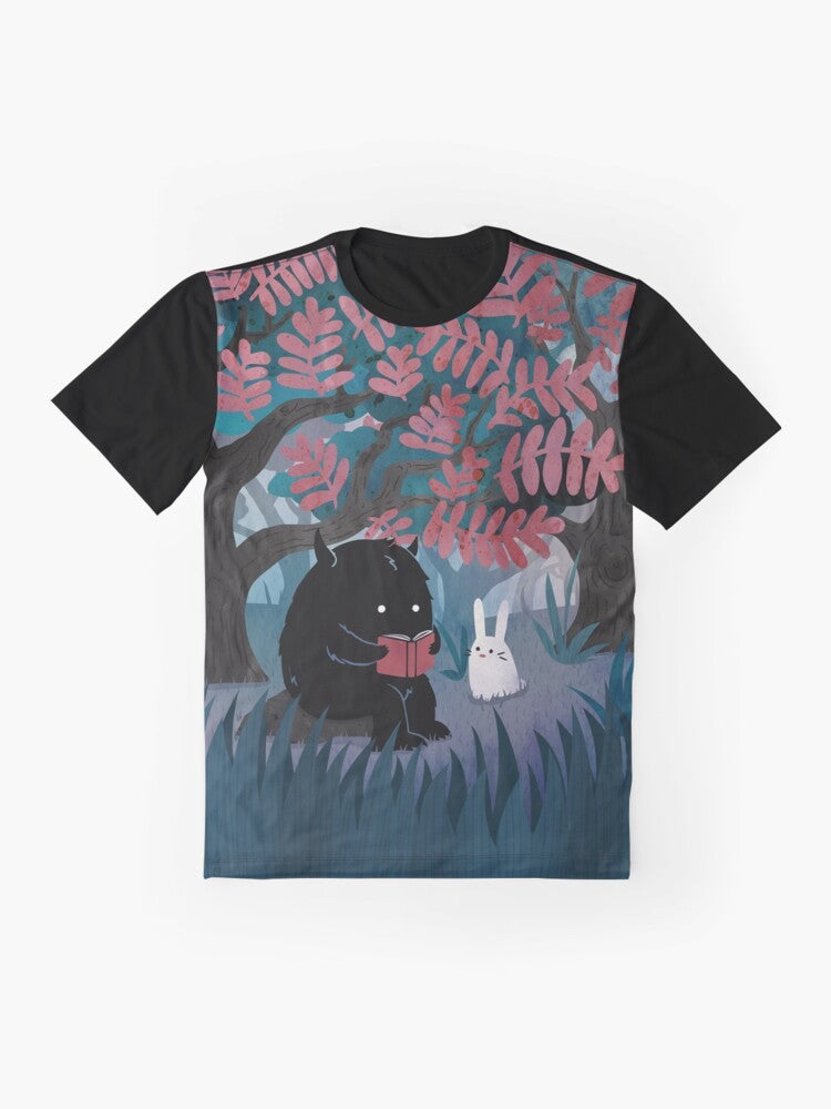 Illustration of a cute monster and bunny reading a book in a peaceful forest, featuring the text "Quiet Spot Graphic T-Shirt". - Flat lay