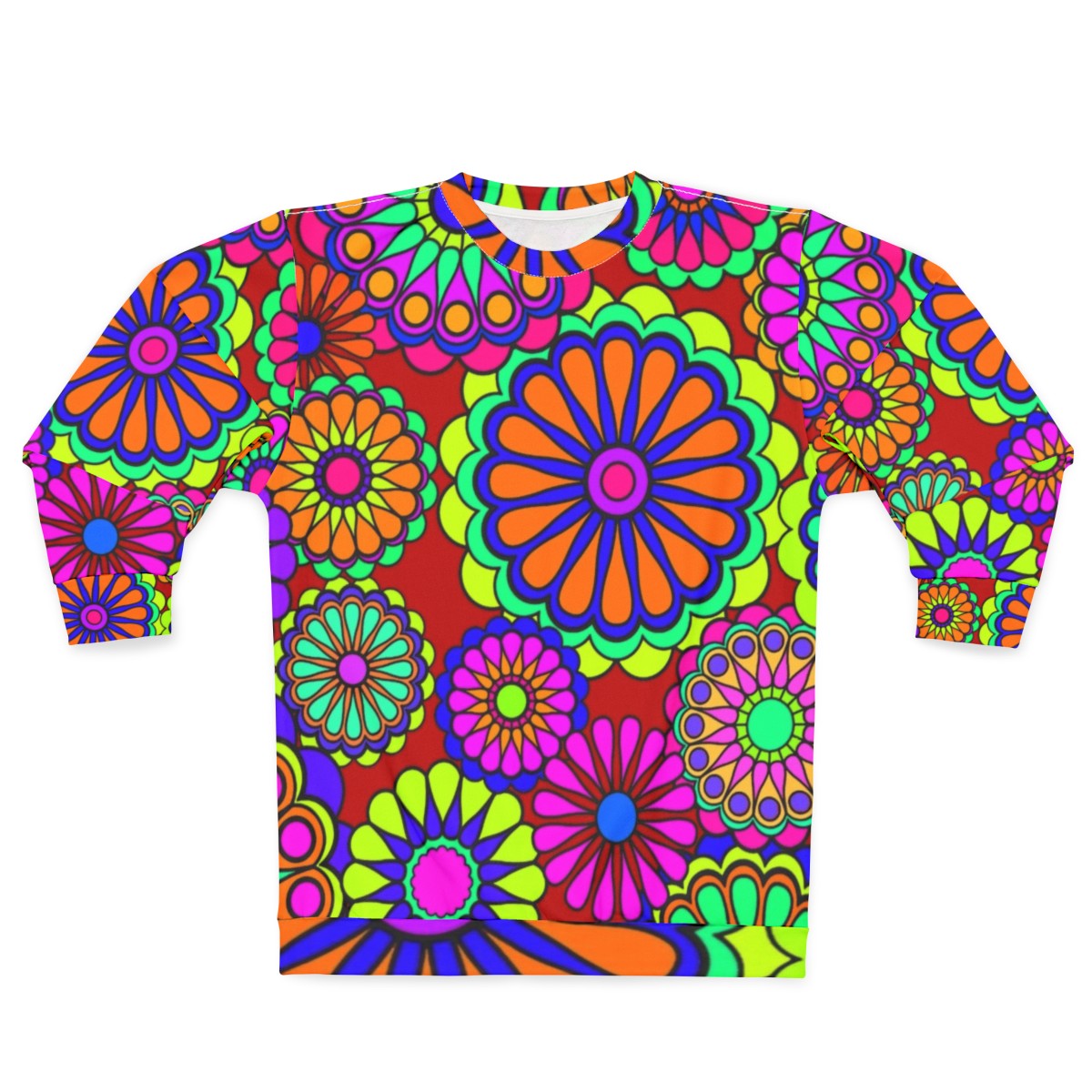 Retro hippy flowers sweatshirt with vibrant floral 60s 70s design