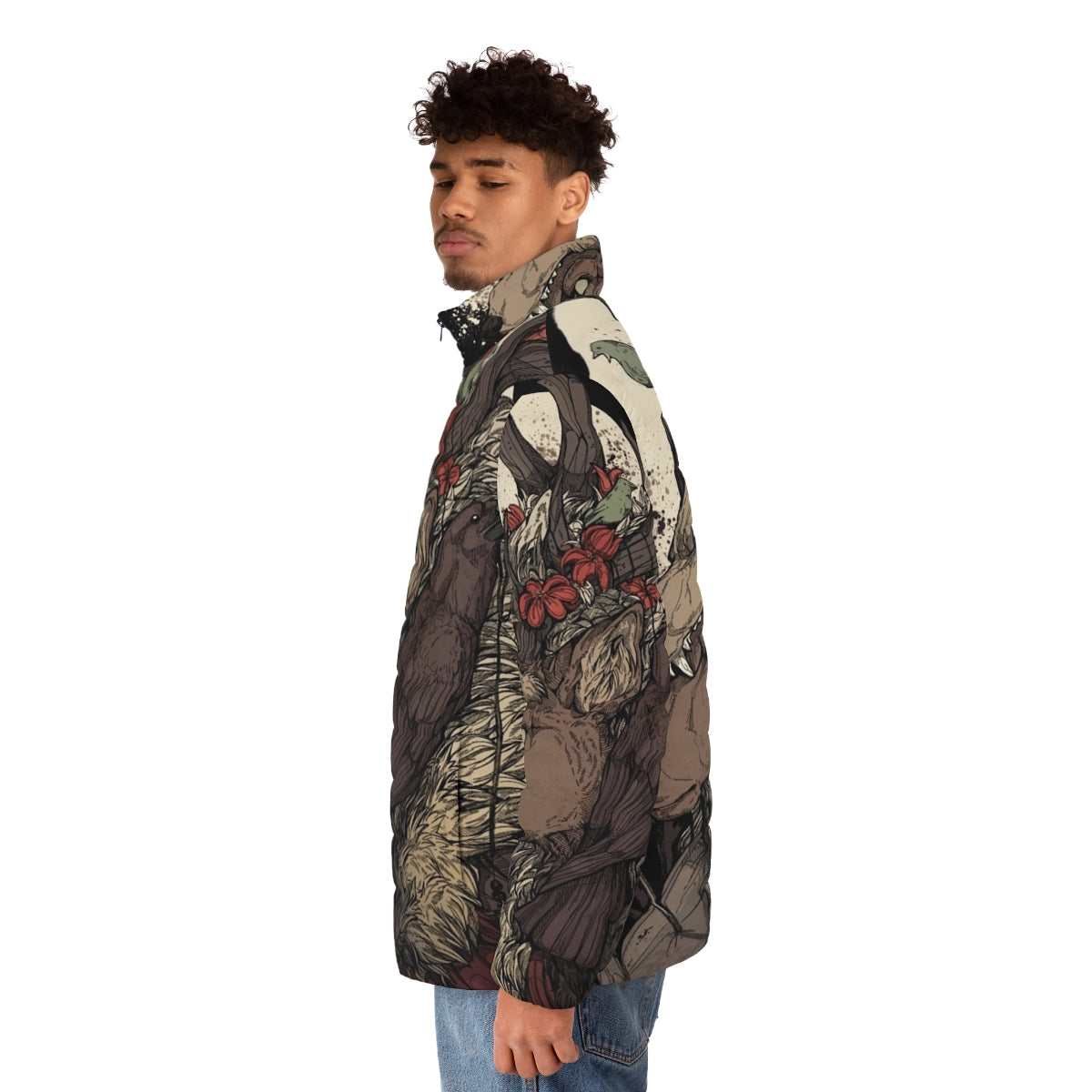 An image of a person wearing a puffer jacket with an elk design. - men side left