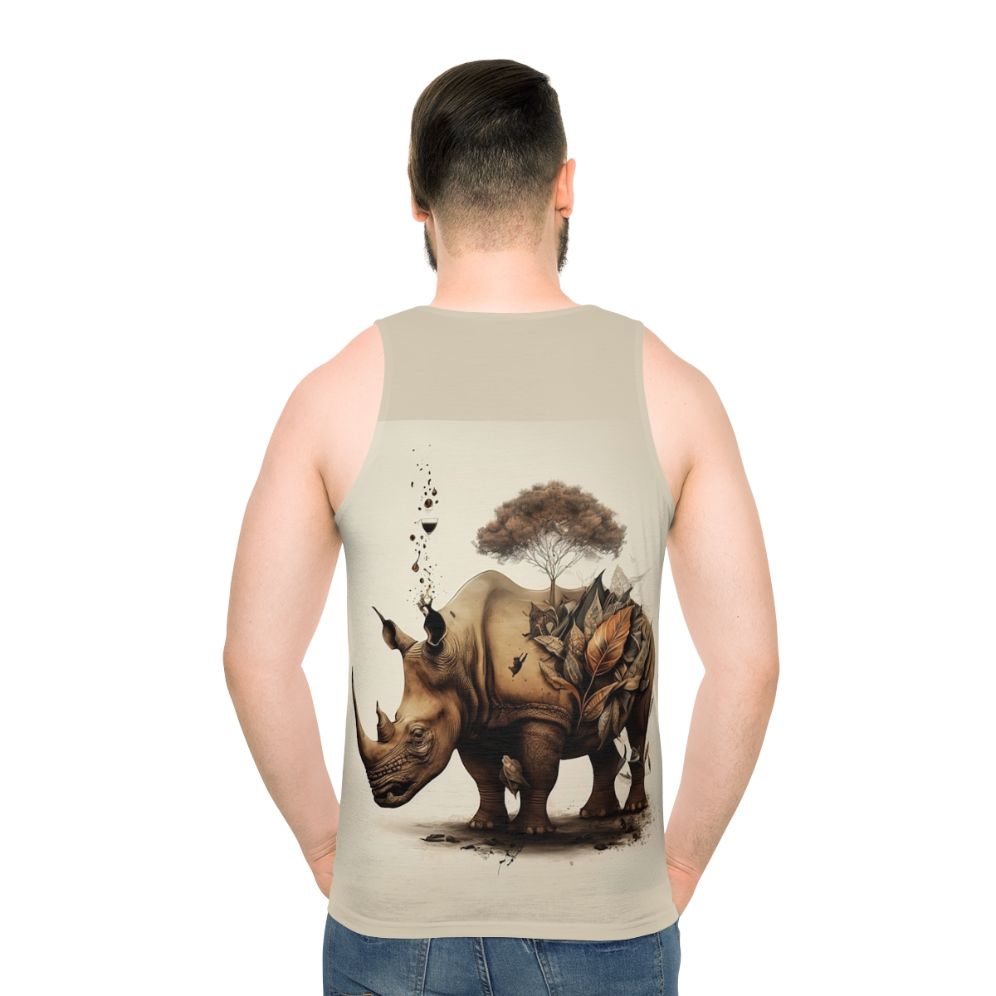 Rhinoceros with floral and botanical graphics on a unisex tank top - men back