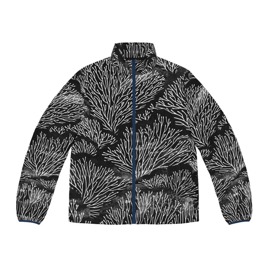 A stylish puffer jacket featuring a reef-inspired design, perfect for outdoor adventures.