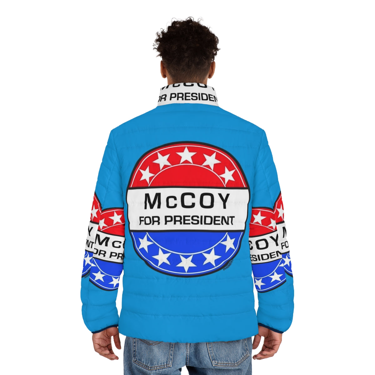 Mccoy For President Sci-Fi Puffer Jacket with Retro Pop Art Design - men back