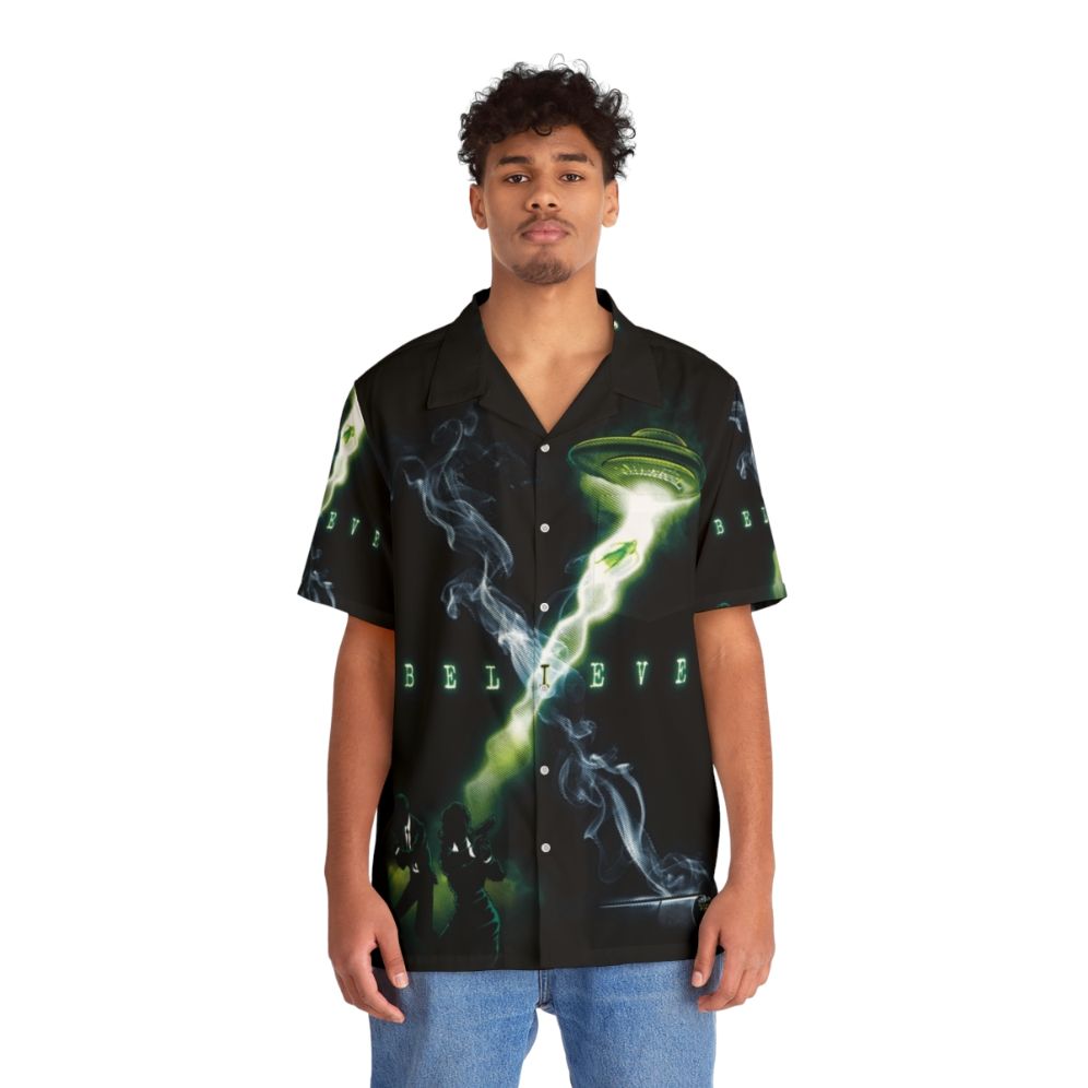 "I Believe" X-Files Hawaiian Shirt with UFO and Alien Abduction Imagery - People Front