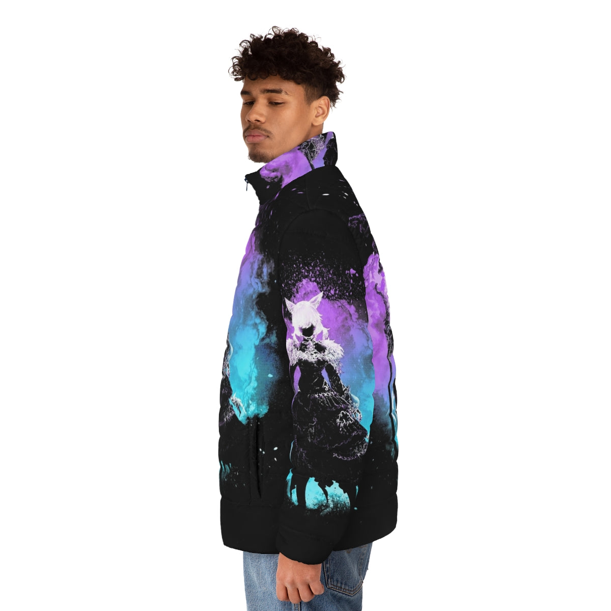 Model wearing the Soul of the Sorceress Puffer Jacket, a fantasy-inspired puffer jacket for gaming and geek enthusiasts - men side left