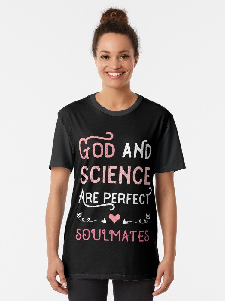 Graphic t-shirt design featuring the text "Believe in Science and God" with a Christian cross and religious symbols. - Women