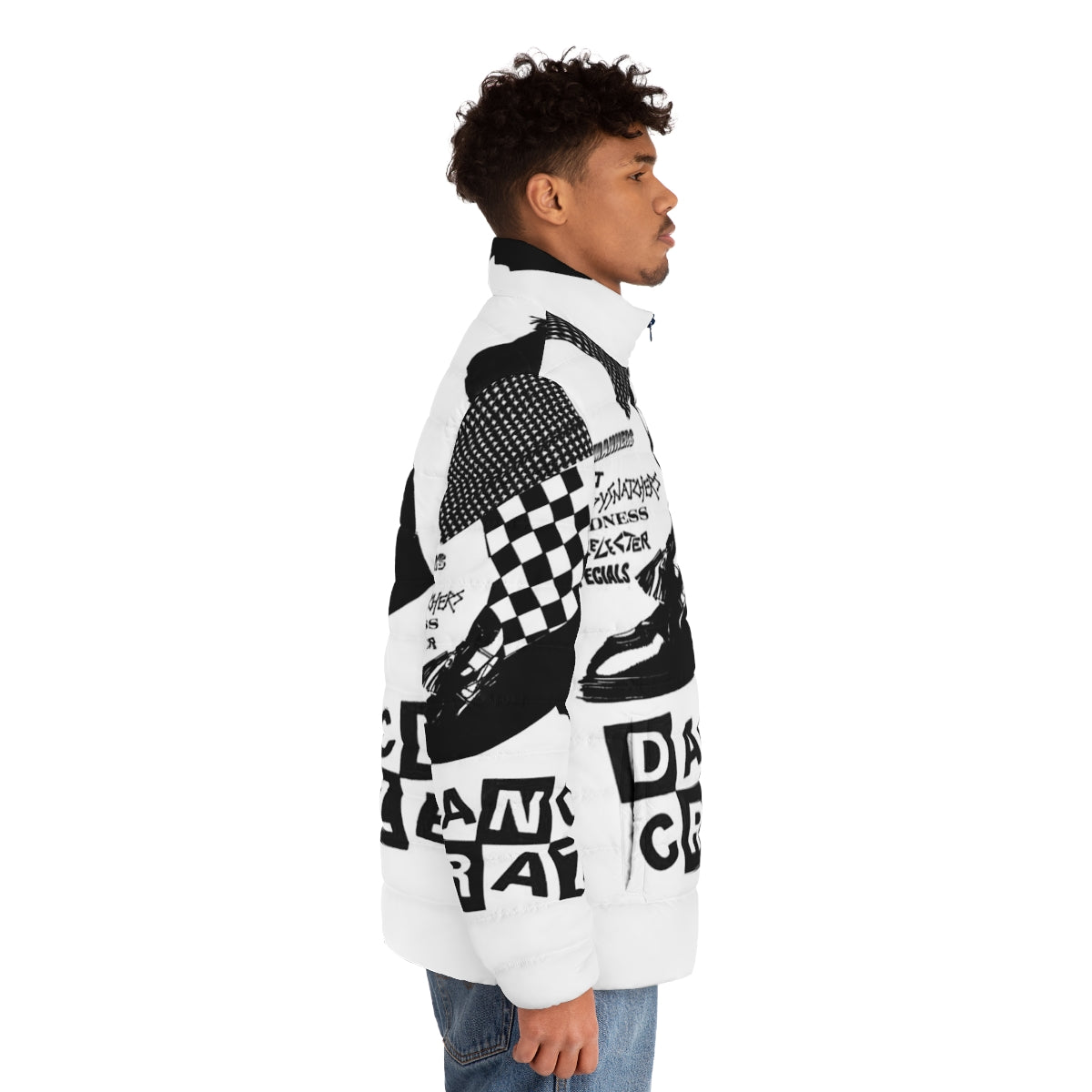 Stylish ska dance puffer jacket featuring reggae and mod inspired graphics - men side right