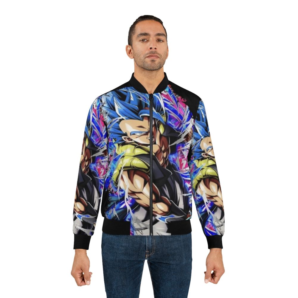 A bomber jacket featuring the character Gogeta from the Dragon Ball Z anime series in his blue super saiyan form. - Lifestyle