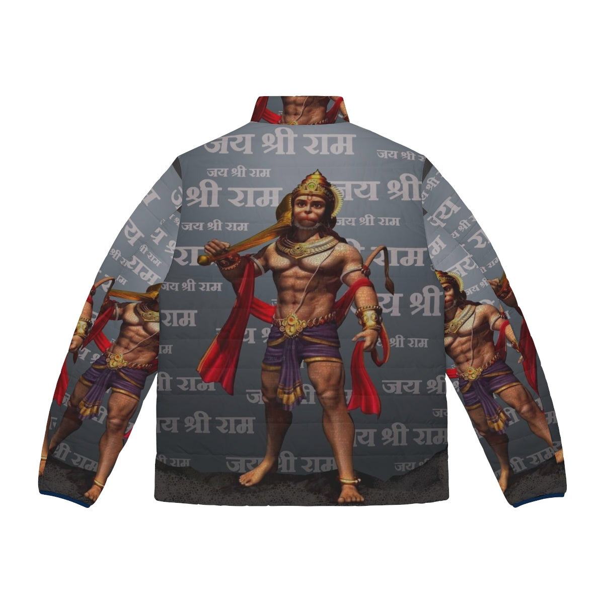 Lord Hanuman puffer jacket featuring the Hindu god and the phrase "Jai Sri Ram" - Back